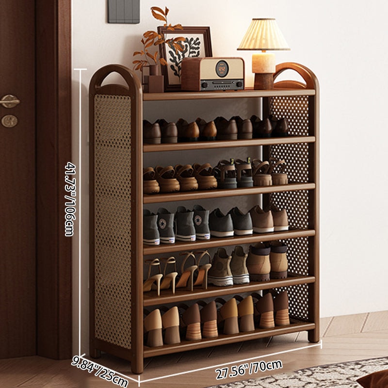 Vintage Rattan Shoe Rack with Bamboo Frame and Open Tiered Shelves for Entryway