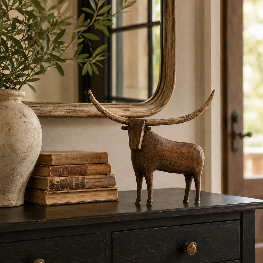 Vintage Rustic Longhorn Bull Sculpture with Weathered Wood Effect