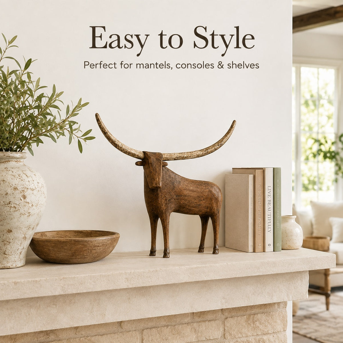 Vintage Rustic Longhorn Bull Sculpture with Weathered Wood Effect