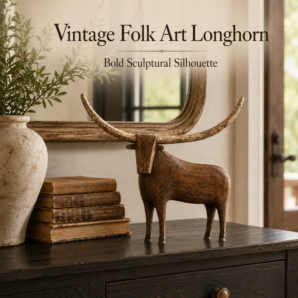 Vintage Rustic Longhorn Bull Sculpture with Weathered Wood Effect