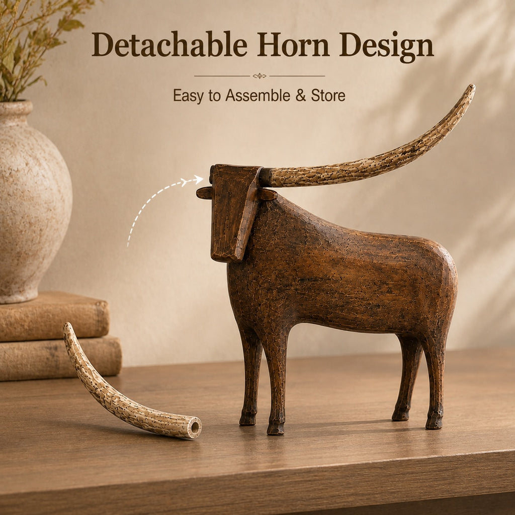 Vintage Rustic Longhorn Bull Sculpture with Weathered Wood Effect
