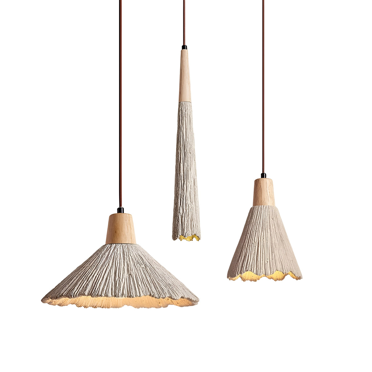 Wabi Sabi Cement Pendant Light with Textured Cone Shade and Wood Socket
