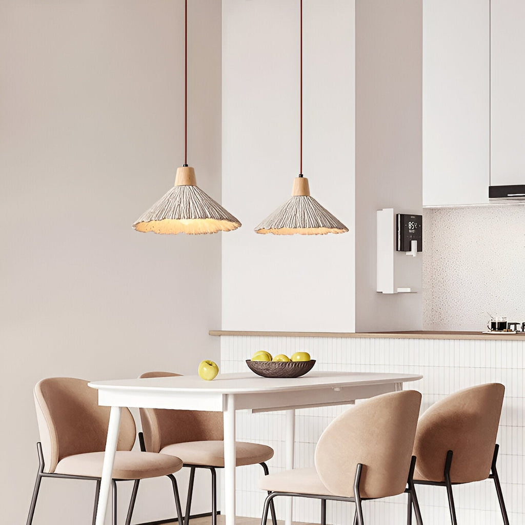 Wabi Sabi Cement Pendant Light with Textured Cone Shade and Wood Socket