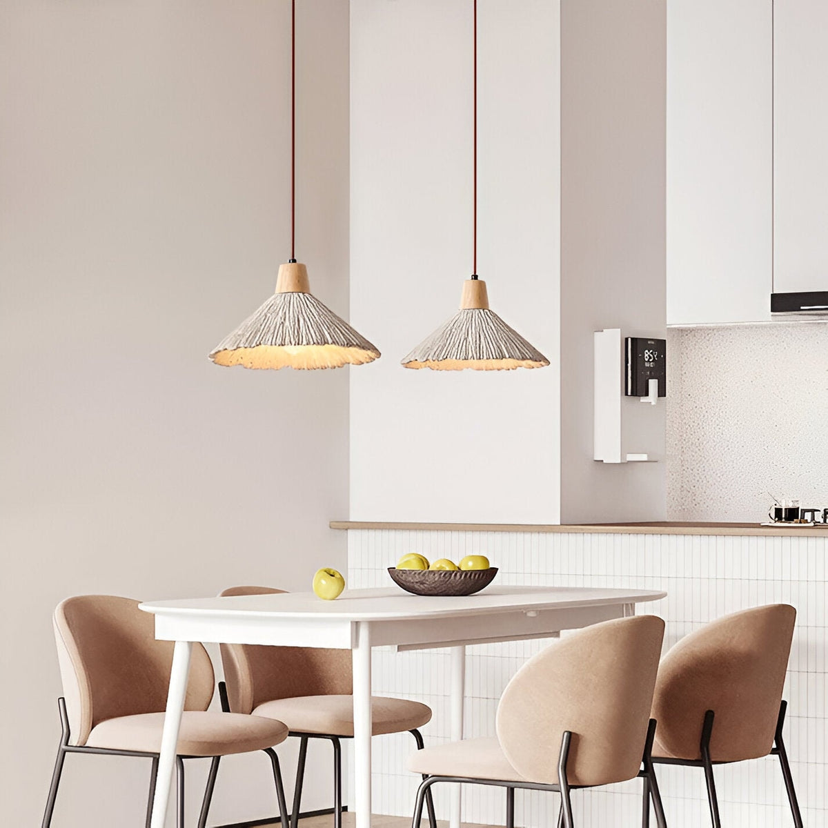 Wabi Sabi Cement Pendant Light with Textured Cone Shade and Wood Socket