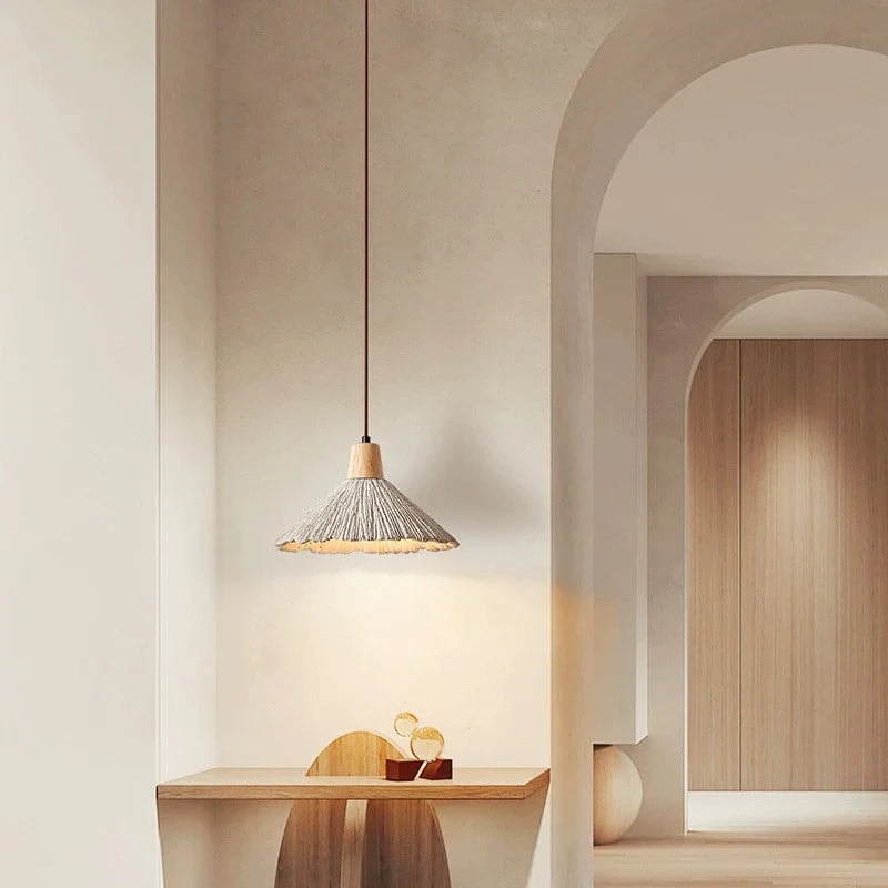 Wabi Sabi Cement Pendant Light with Textured Cone Shade and Wood Socket