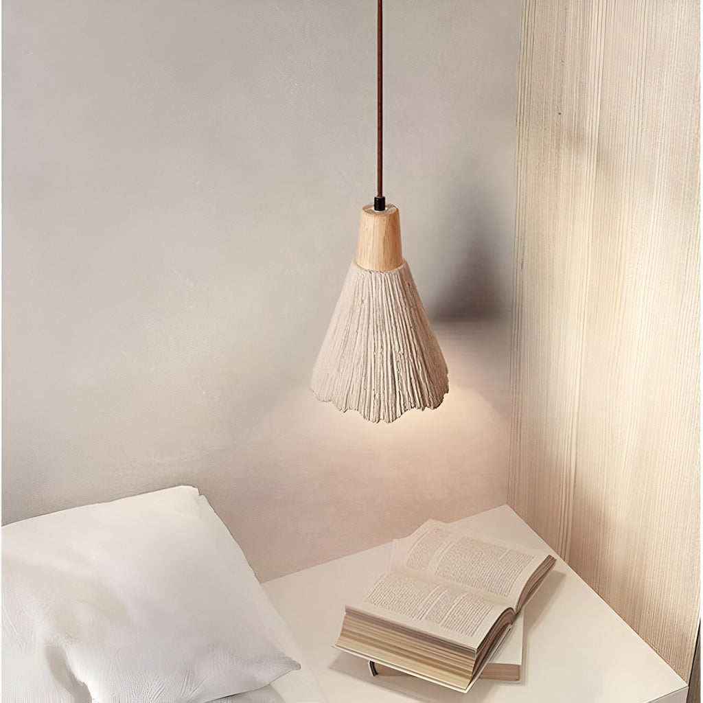 Wabi Sabi Cement Pendant Light with Textured Cone Shade and Wood Socket