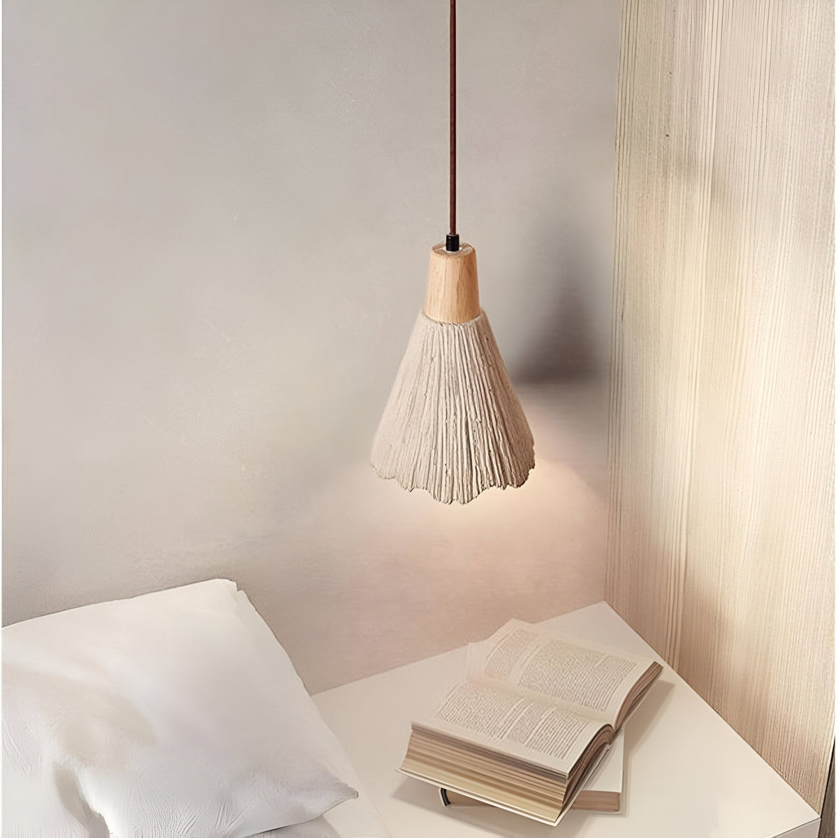 Wabi Sabi Cement Pendant Light with Textured Cone Shade and Wood Socket