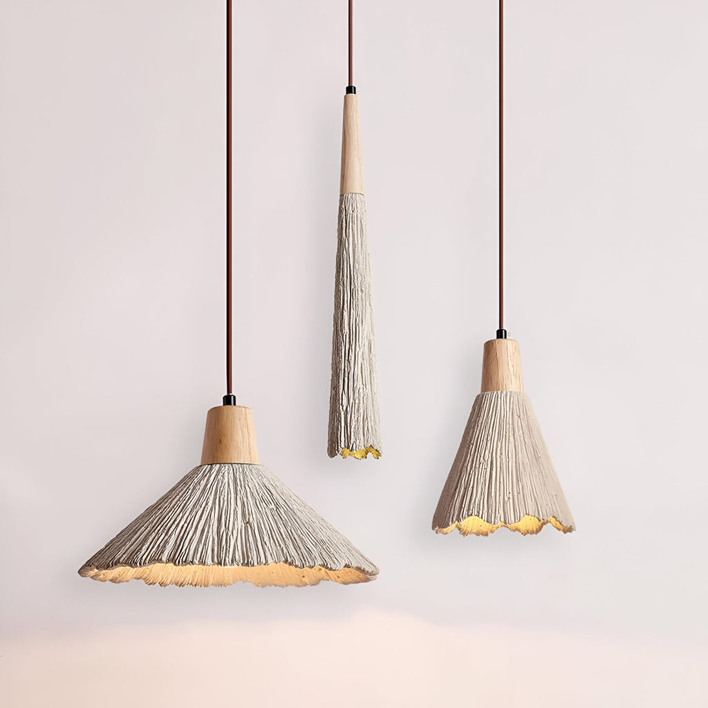 Wabi Sabi Cement Pendant Light with Textured Cone Shade and Wood Socket