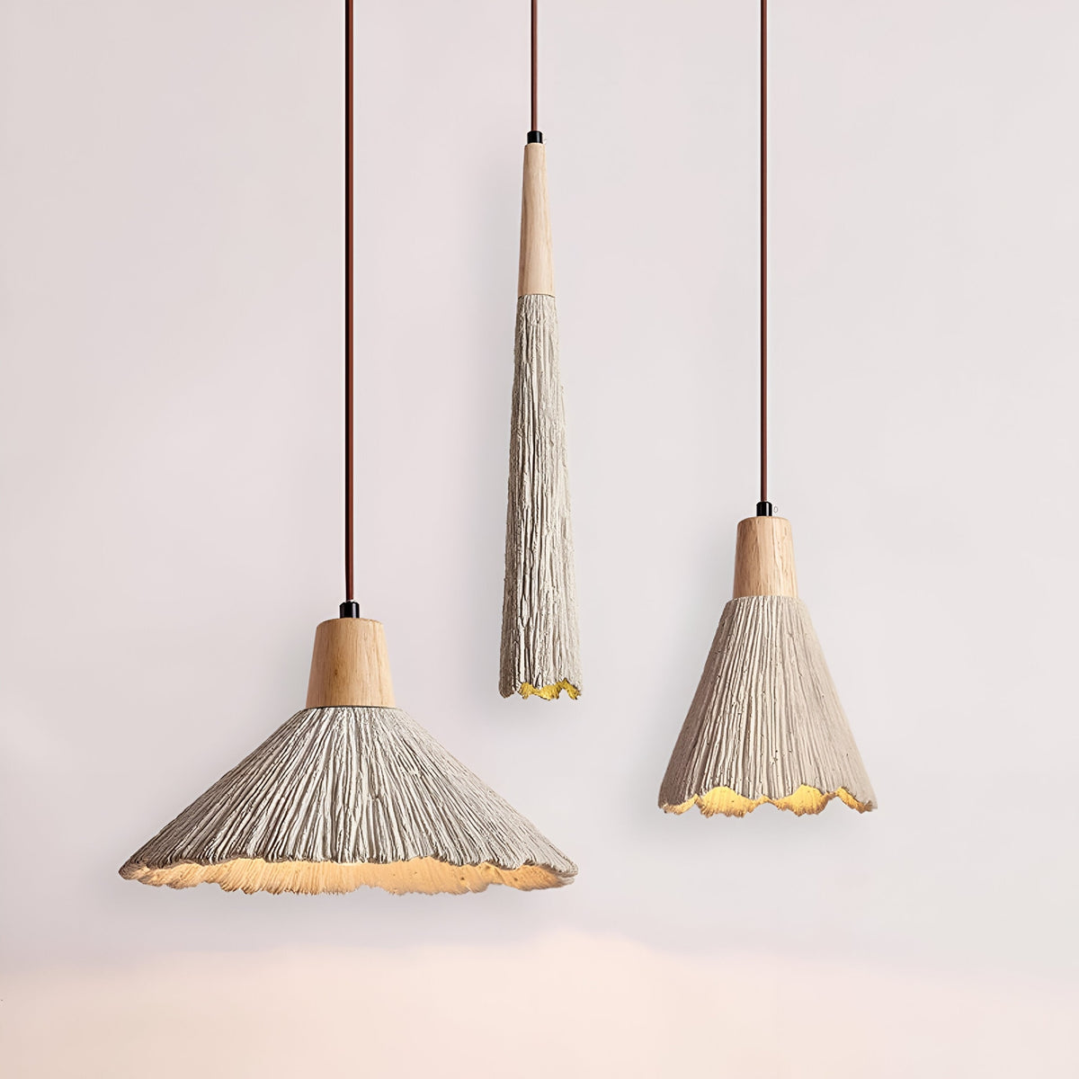 Wabi Sabi Cement Pendant Light with Textured Cone Shade and Wood Socket