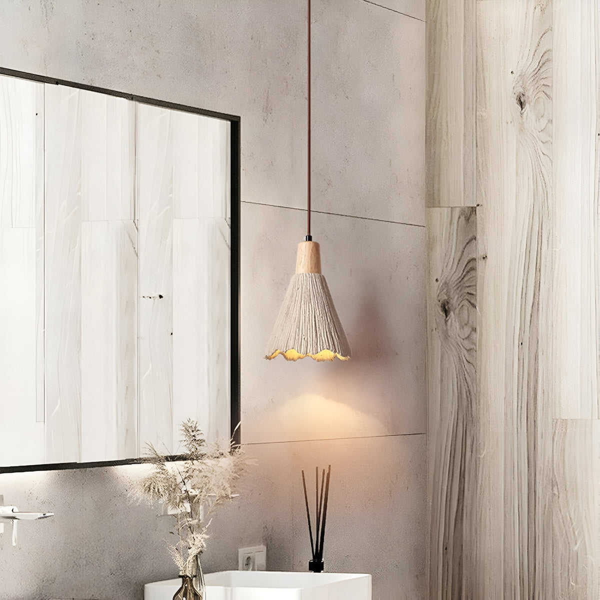 Wabi Sabi Cement Pendant Light with Textured Cone Shade and Wood Socket