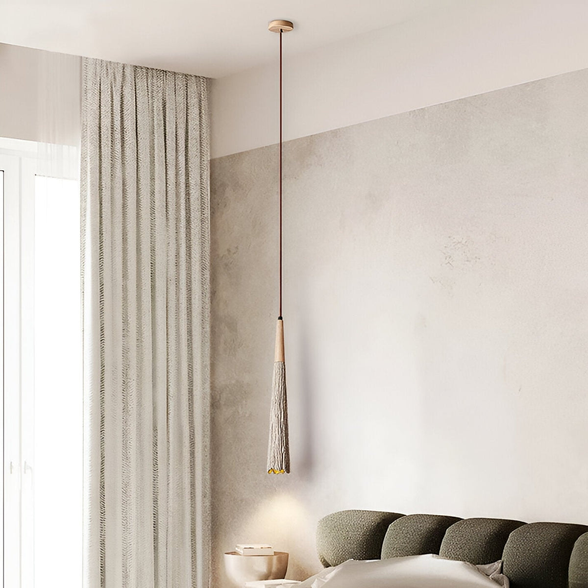Wabi Sabi Cement Pendant Light with Textured Cone Shade and Wood Socket