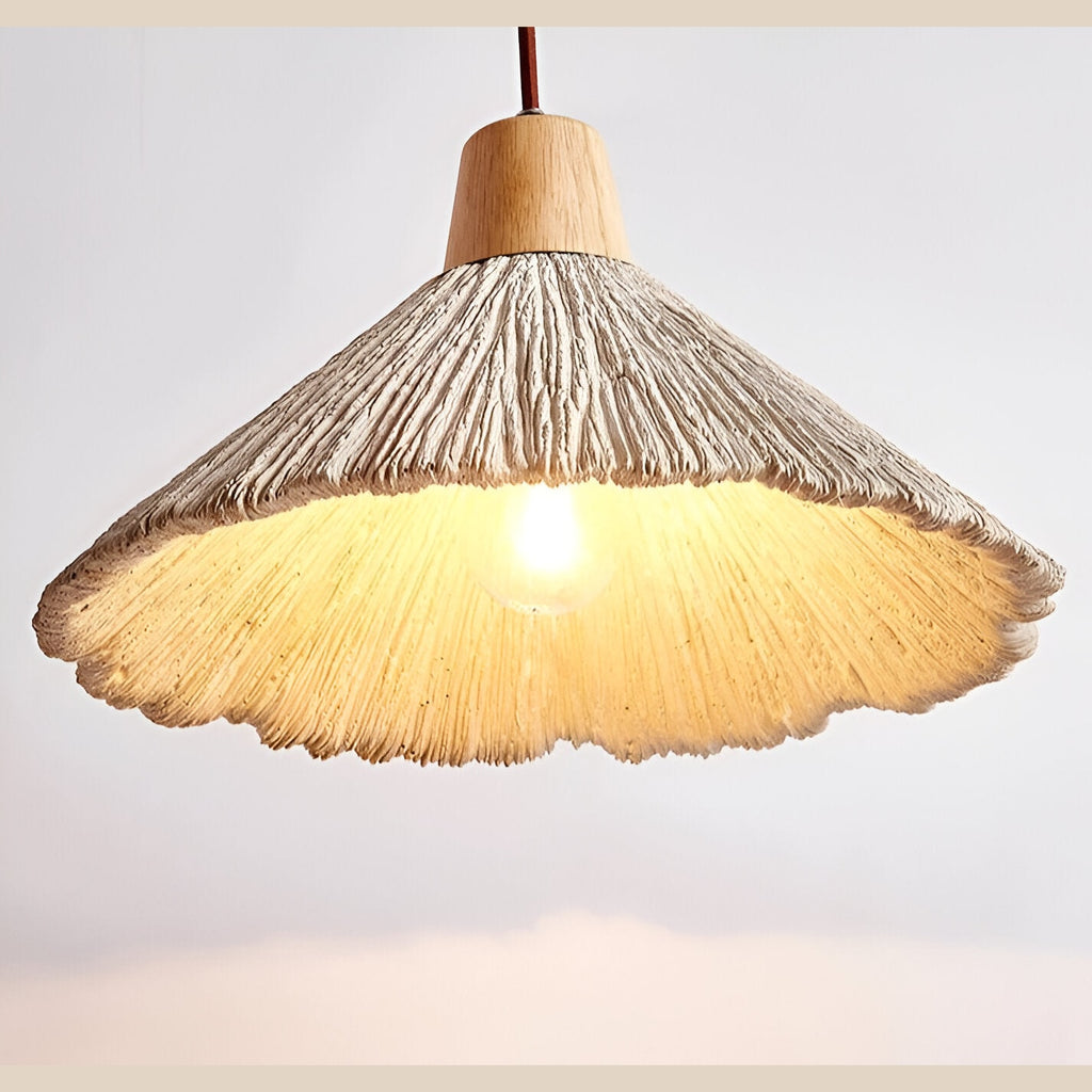 Wabi Sabi Cement Pendant Light with Textured Cone Shade and Wood Socket