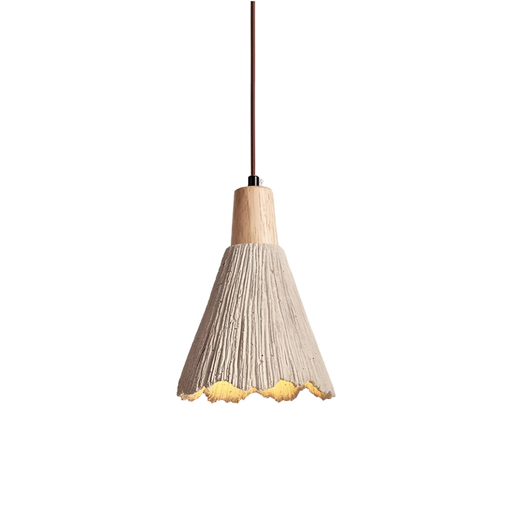 Wabi Sabi Cement Pendant Light with Textured Cone Shade and Wood Socket