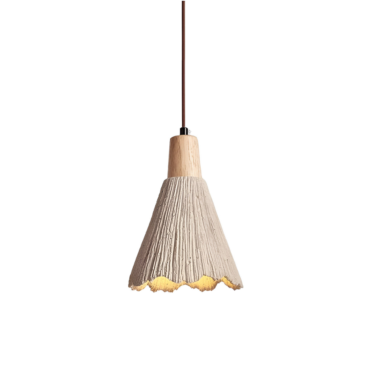 Wabi Sabi Cement Pendant Light with Textured Cone Shade and Wood Socket