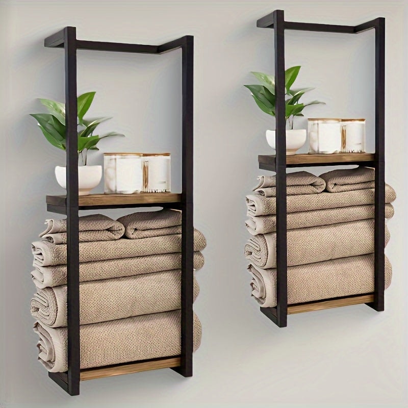 Wall Mounted Metal Towel Rack with Wooden Shelves for Bathroom