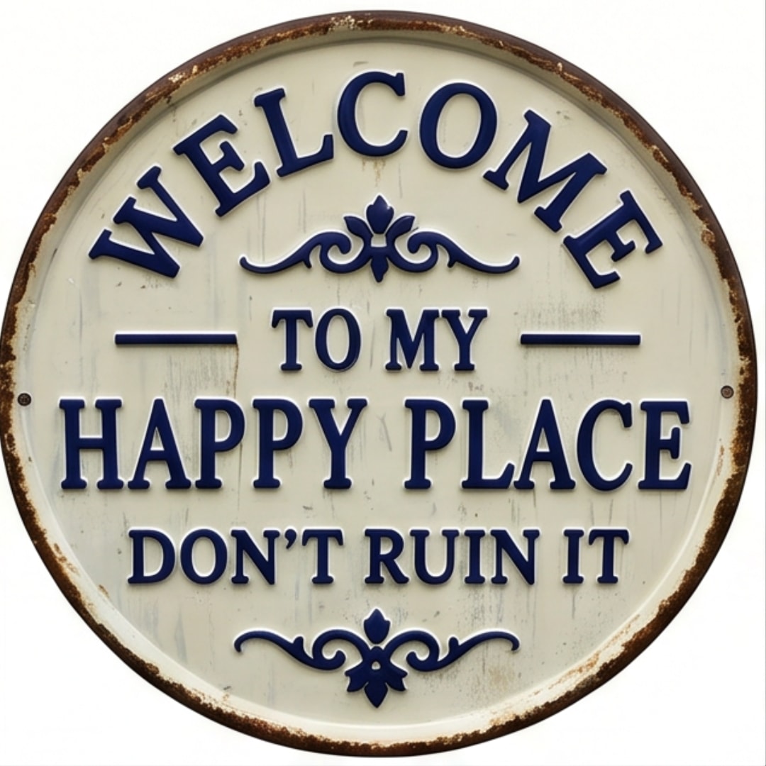 Welcome to My Happy Place Round Vintage Metal Sign with Raised Lettering