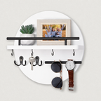 Round Wooden Key Holder for Wall with Shelf and Hooks Entryway Organizer Wall Mounted Mail and Key Rack with Metal Accents