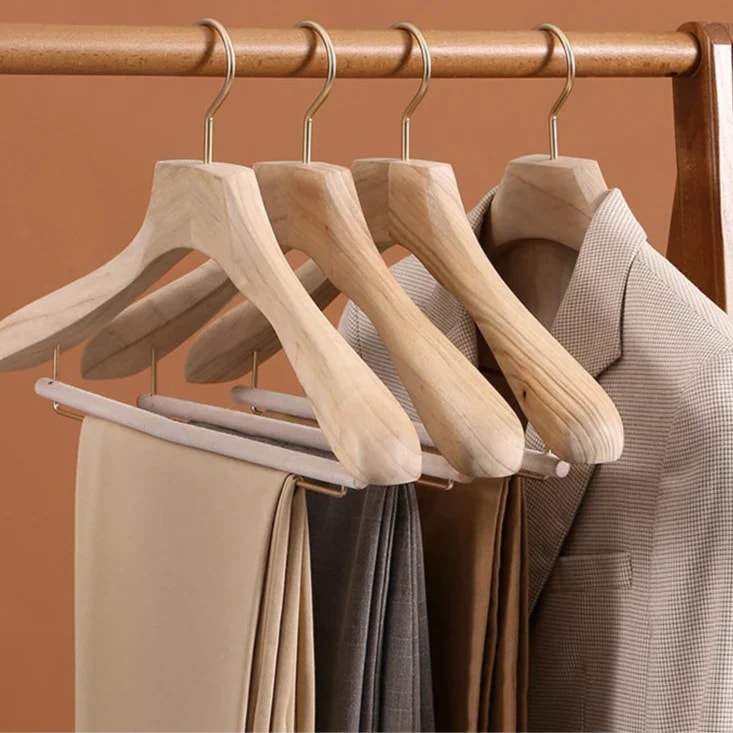 Wide Shoulder Wooden Suit Hangers with Non Slip Pants Bar Set of Two