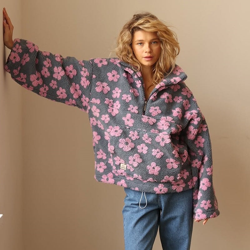 Women's Floral Sherpa Fleece Half Zip Pullover Oversized Boho Sweatshirt