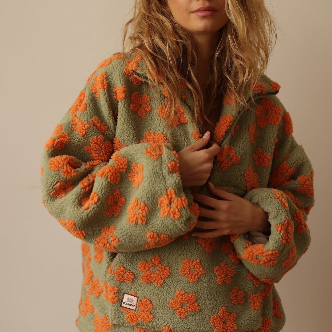 Women's Floral Sherpa Fleece Half Zip Pullover Oversized Boho Sweatshirt