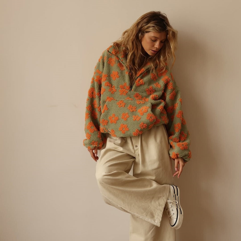 Women's Floral Sherpa Fleece Half Zip Pullover Oversized Boho Sweatshirt