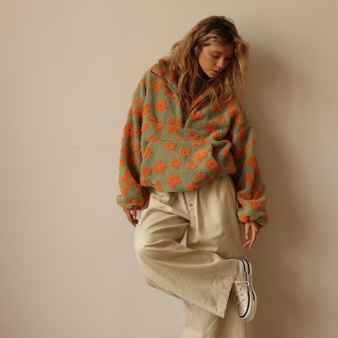 Women's Floral Sherpa Fleece Half Zip Pullover Oversized Boho Sweatshirt