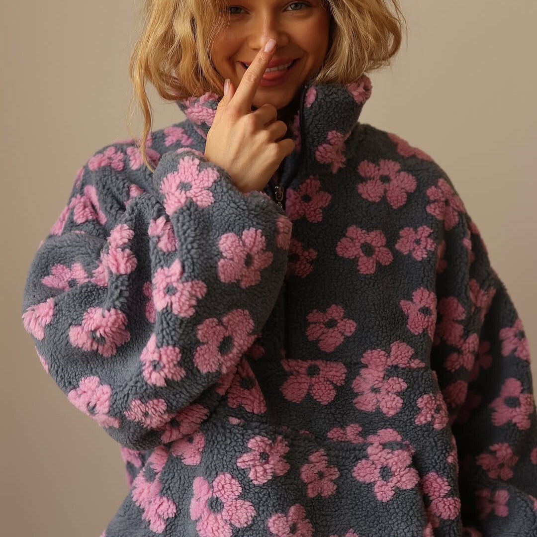 Women's Floral Sherpa Fleece Half Zip Pullover Oversized Boho Sweatshirt