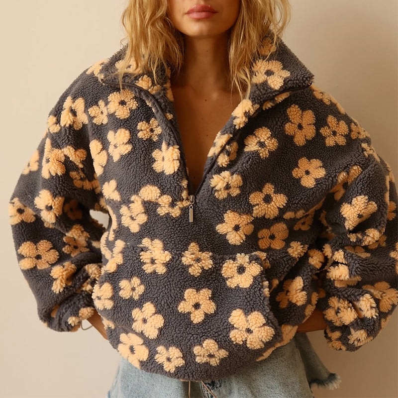 Women's Floral Sherpa Fleece Half Zip Pullover Oversized Boho Sweatshirt