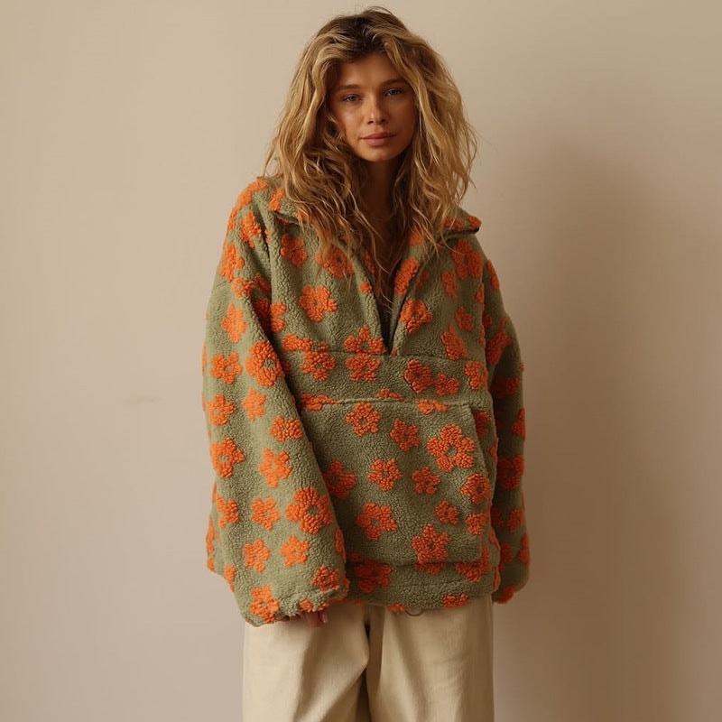 Women's Floral Sherpa Fleece Half Zip Pullover Oversized Boho Sweatshirt