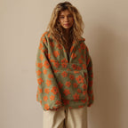 Women's Floral Sherpa Fleece Half Zip Pullover Oversized Boho Sweatshirt