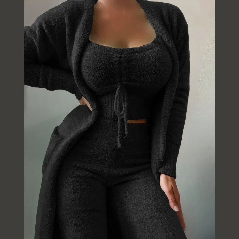 Women's Fuzzy Fleece Pajama Lounge Set with Crop Top Pants and Long Cardigan