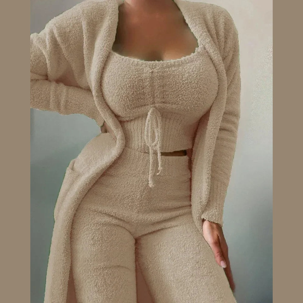 Women's Fuzzy Fleece Pajama Lounge Set with Crop Top Pants and Long Cardigan