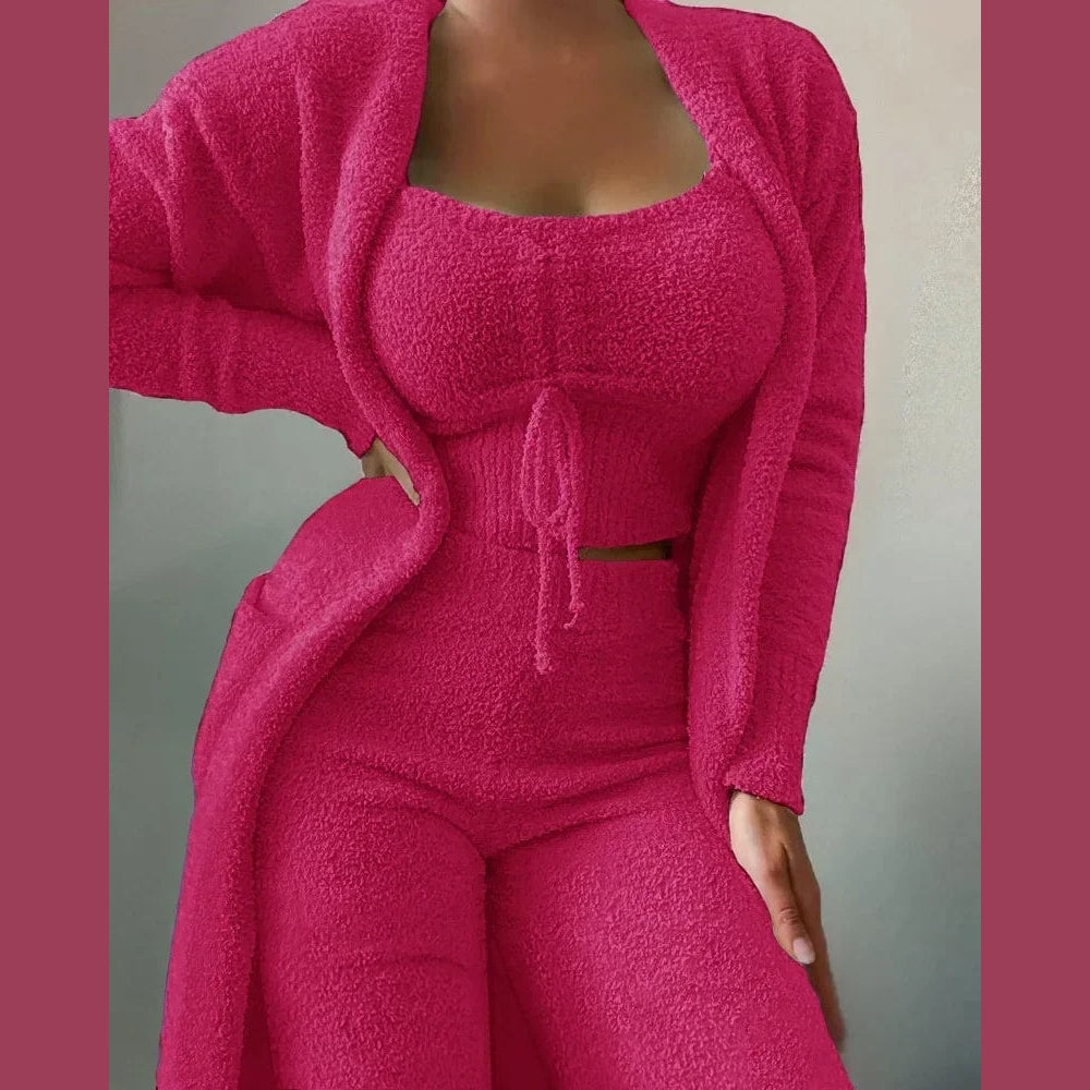 Women's Fuzzy Fleece Pajama Lounge Set with Crop Top Pants and Long Cardigan
