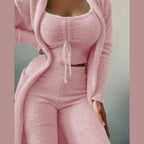 Women's Fuzzy Fleece Pajama Lounge Set with Crop Top Pants and Long Cardigan