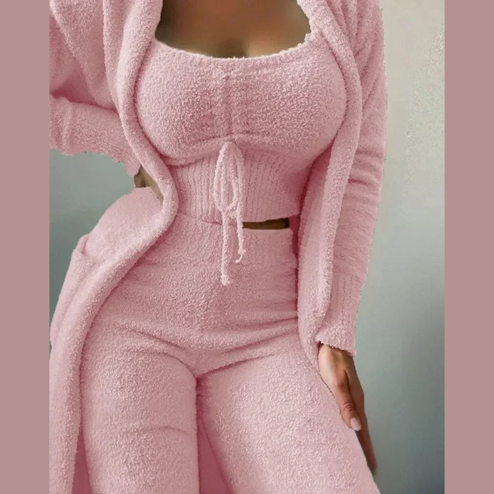 Women's Fuzzy Fleece Pajama Lounge Set with Crop Top Pants and Long Cardigan