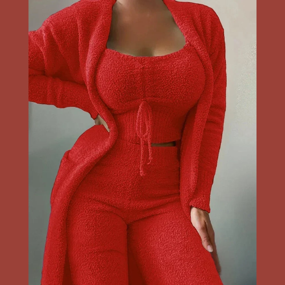 Women's Fuzzy Fleece Pajama Lounge Set with Crop Top Pants and Long Cardigan