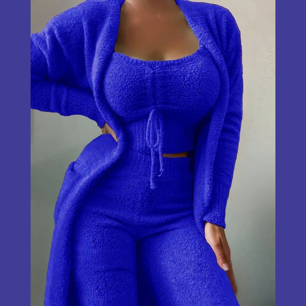 Women's Fuzzy Fleece Pajama Lounge Set with Crop Top Pants and Long Cardigan