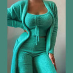 Women's Fuzzy Fleece Pajama Lounge Set with Crop Top Pants and Long Cardigan