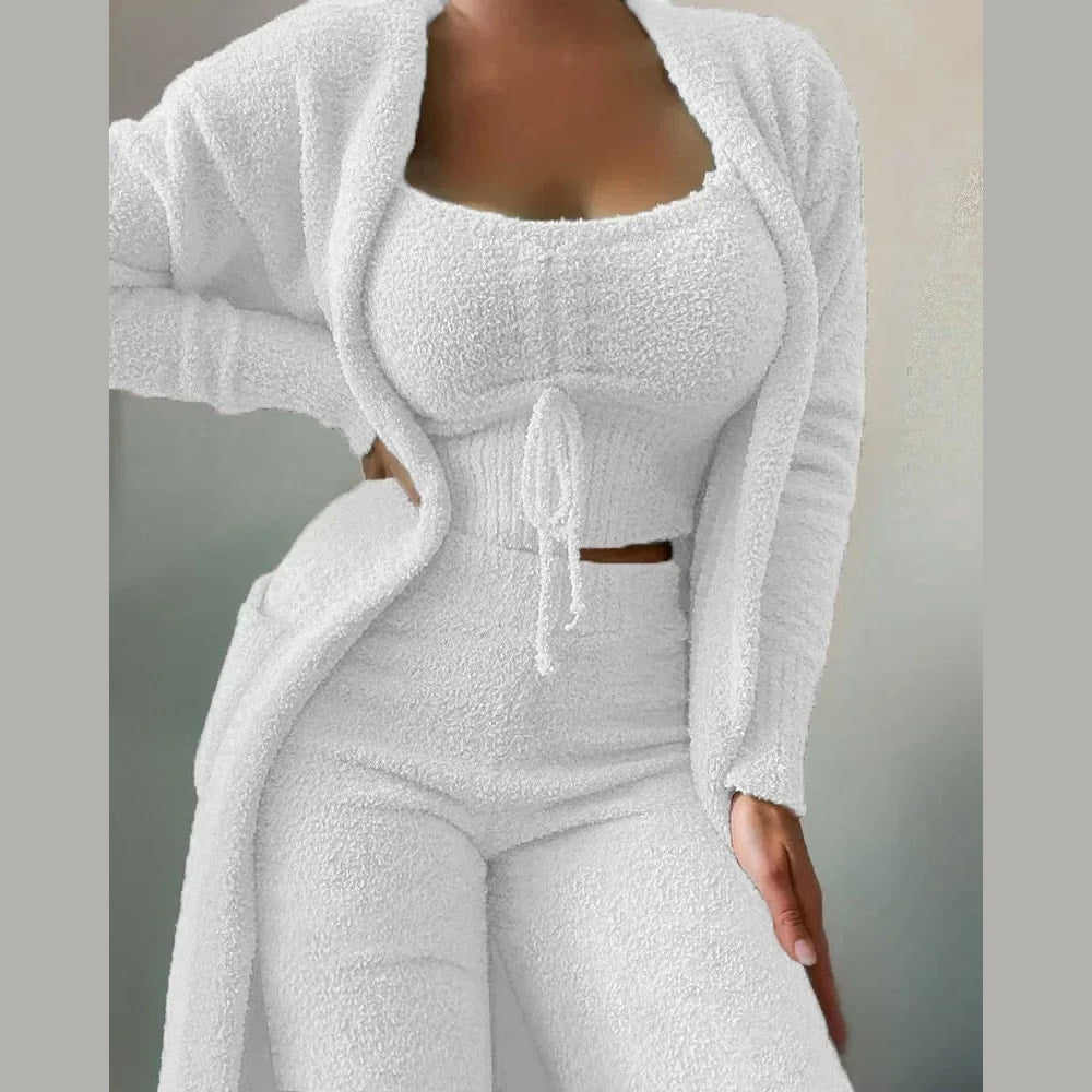 Women's Fuzzy Fleece Pajama Lounge Set with Crop Top Pants and Long Cardigan