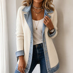 Women's Open Front Ribbed Knit Cardigan Coat with Denim Lapels and Cuffs