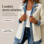Women's Open Front Ribbed Knit Cardigan Coat with Denim Lapels and Cuffs