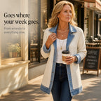Women's Open Front Ribbed Knit Cardigan Coat with Denim Lapels and Cuffs