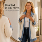 Women's Open Front Ribbed Knit Cardigan Coat with Denim Lapels and Cuffs