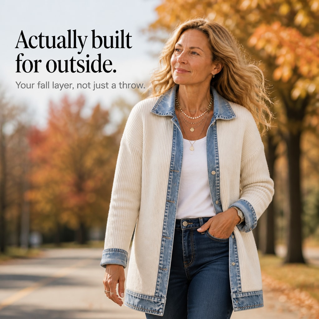 Women's Open Front Ribbed Knit Cardigan Coat with Denim Lapels and Cuffs