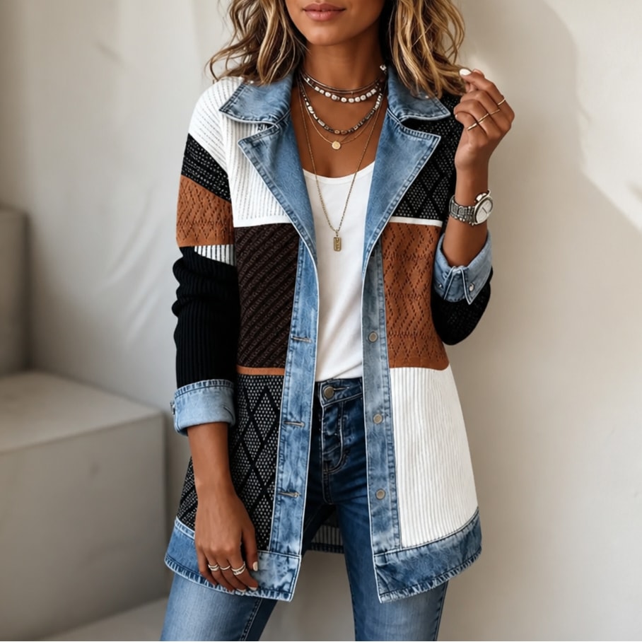 Women's Open Front Ribbed Knit Cardigan Coat with Denim Lapels and Cuffs