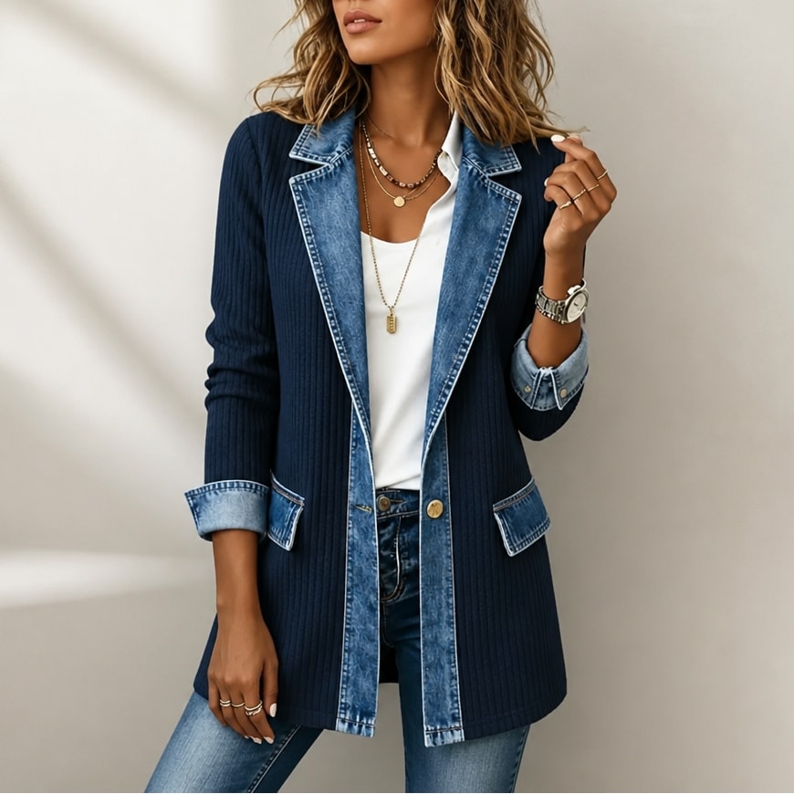 Women's Open Front Ribbed Knit Cardigan Coat with Denim Lapels and Cuffs