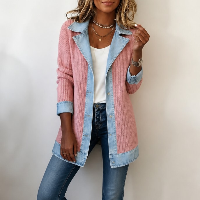 Women's Open Front Ribbed Knit Cardigan Coat with Denim Lapels and Cuffs