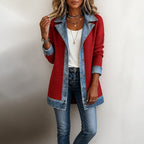 Women's Open Front Ribbed Knit Cardigan Coat with Denim Lapels and Cuffs