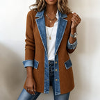 Women's Open Front Ribbed Knit Cardigan Coat with Denim Lapels and Cuffs