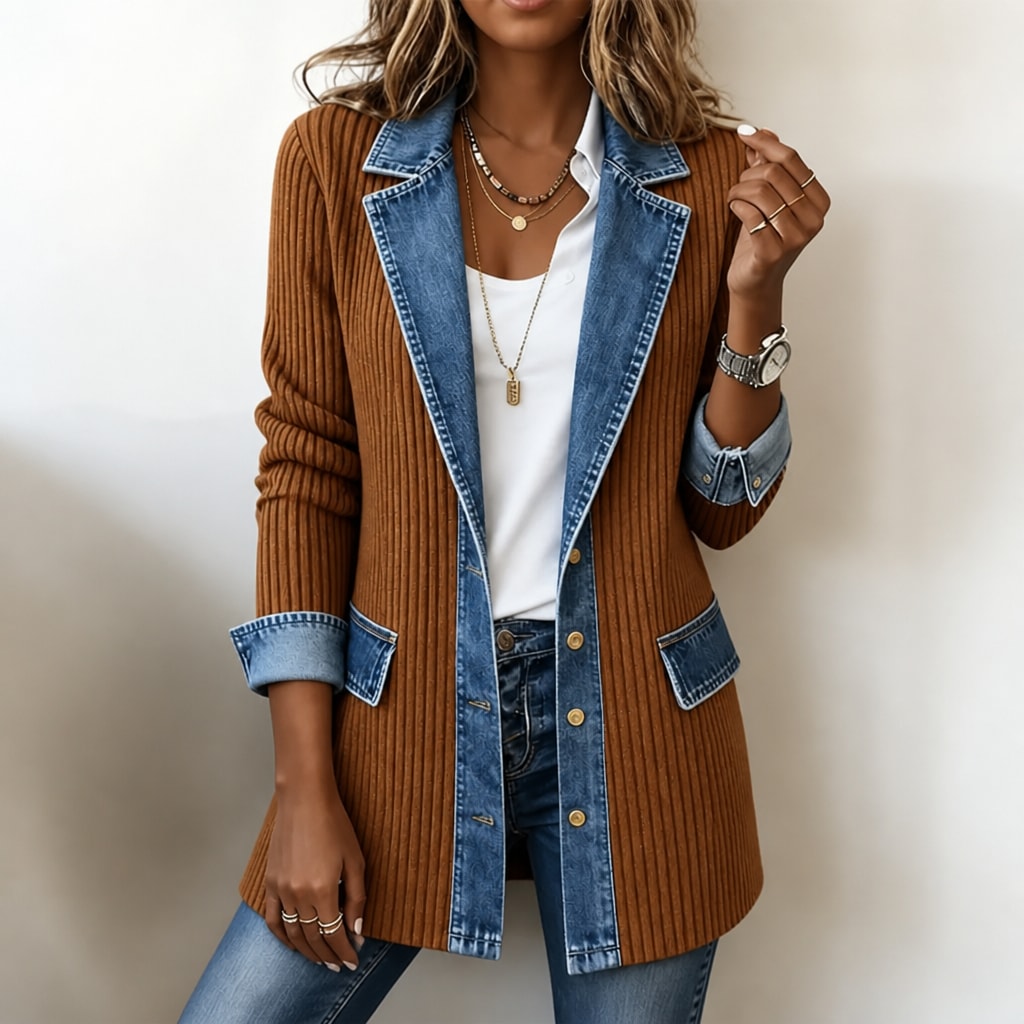 Women's Open Front Ribbed Knit Cardigan Coat with Denim Lapels and Cuffs
